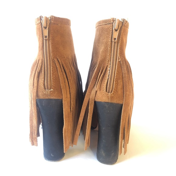 🧡 N.Y.L.A. GRAVANO COGNAC LEATHER FEINGE BOOTIE HEEL ANKLE BOOTS 6.5 - Picture 4 of 8